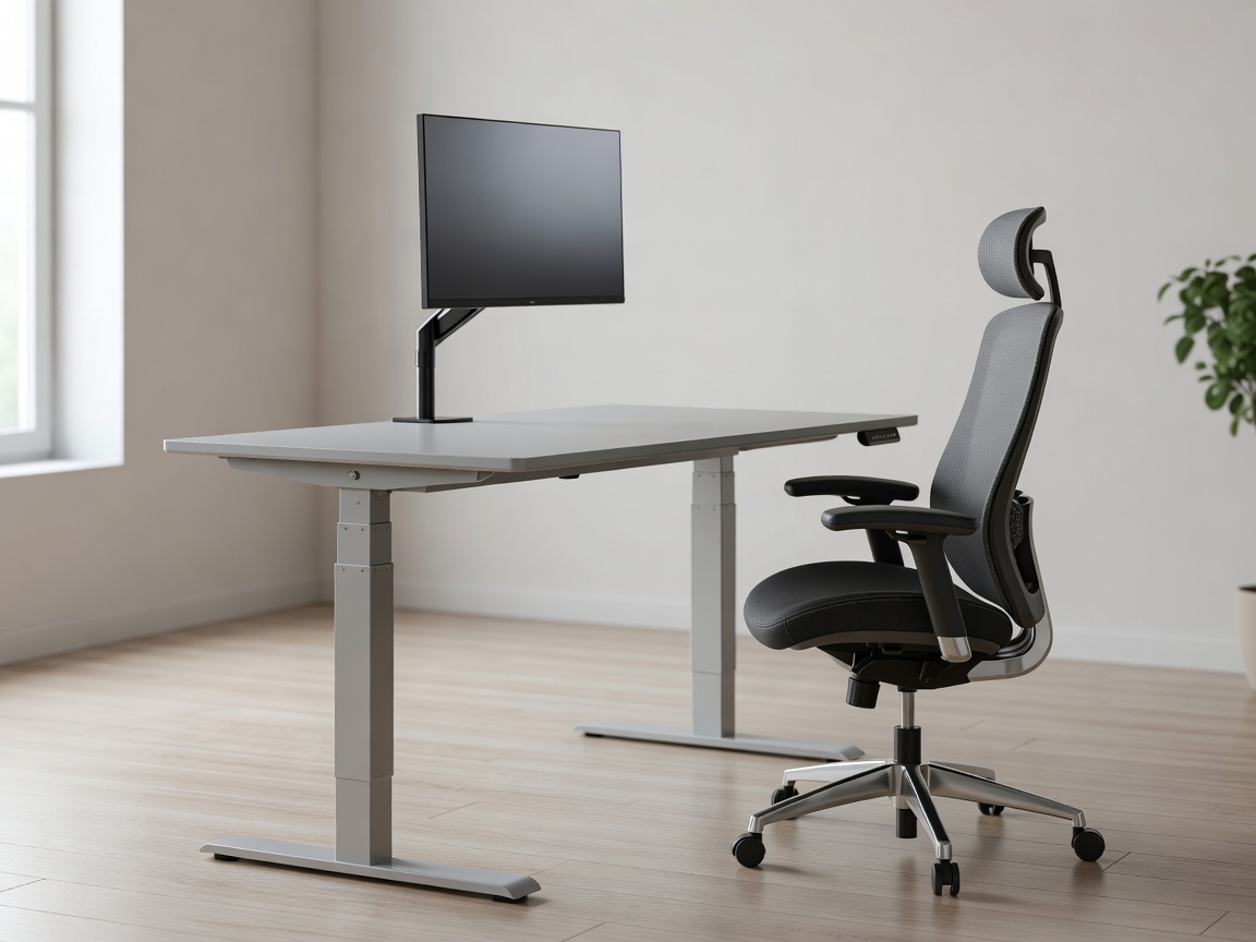 Adjustable height desk setup featuring ergonomic monitor alignment and supportive task seating