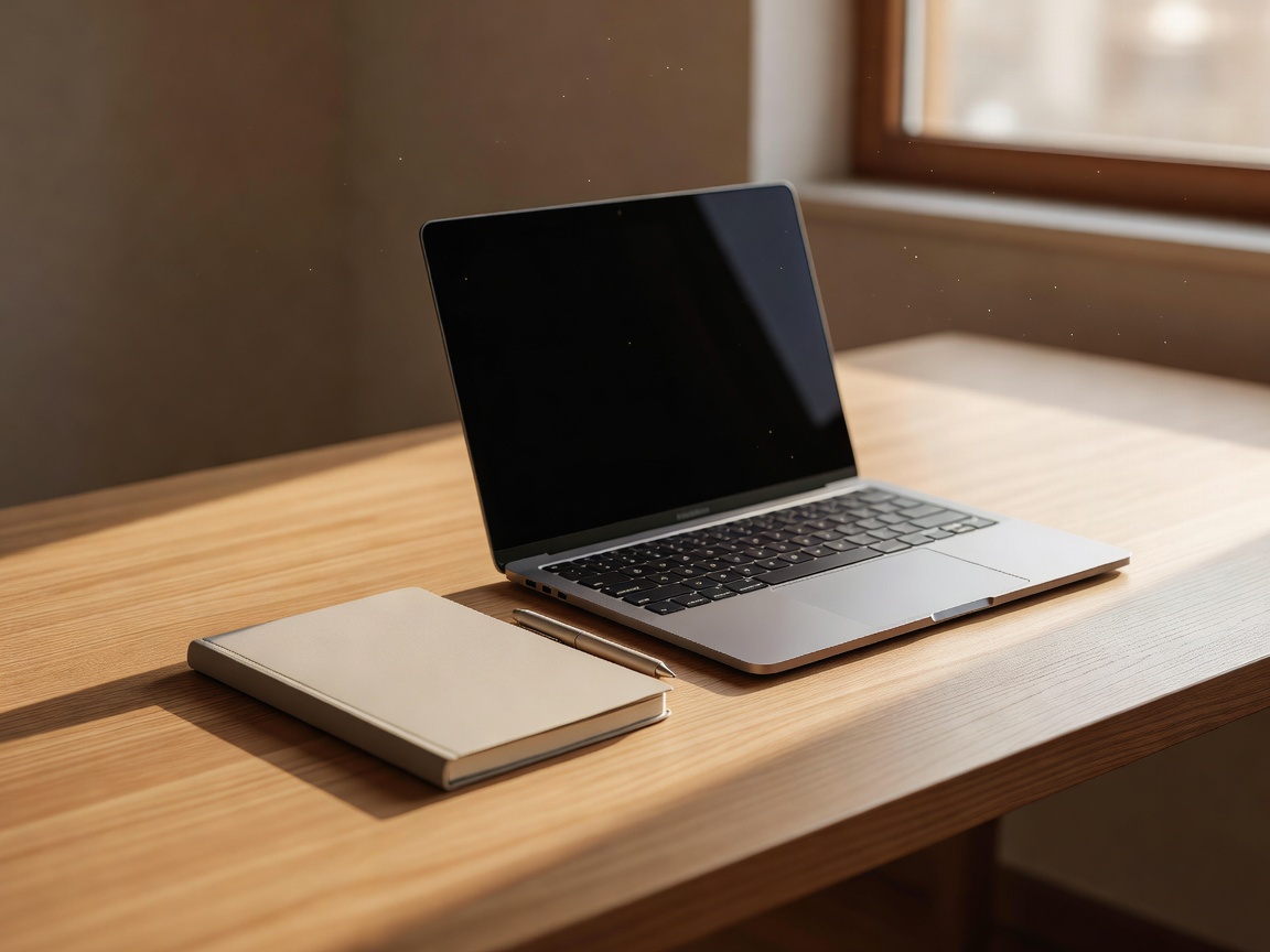 Clean organized workspace with an uncluttered laptop, notebook, and warm natural sunlight through the window