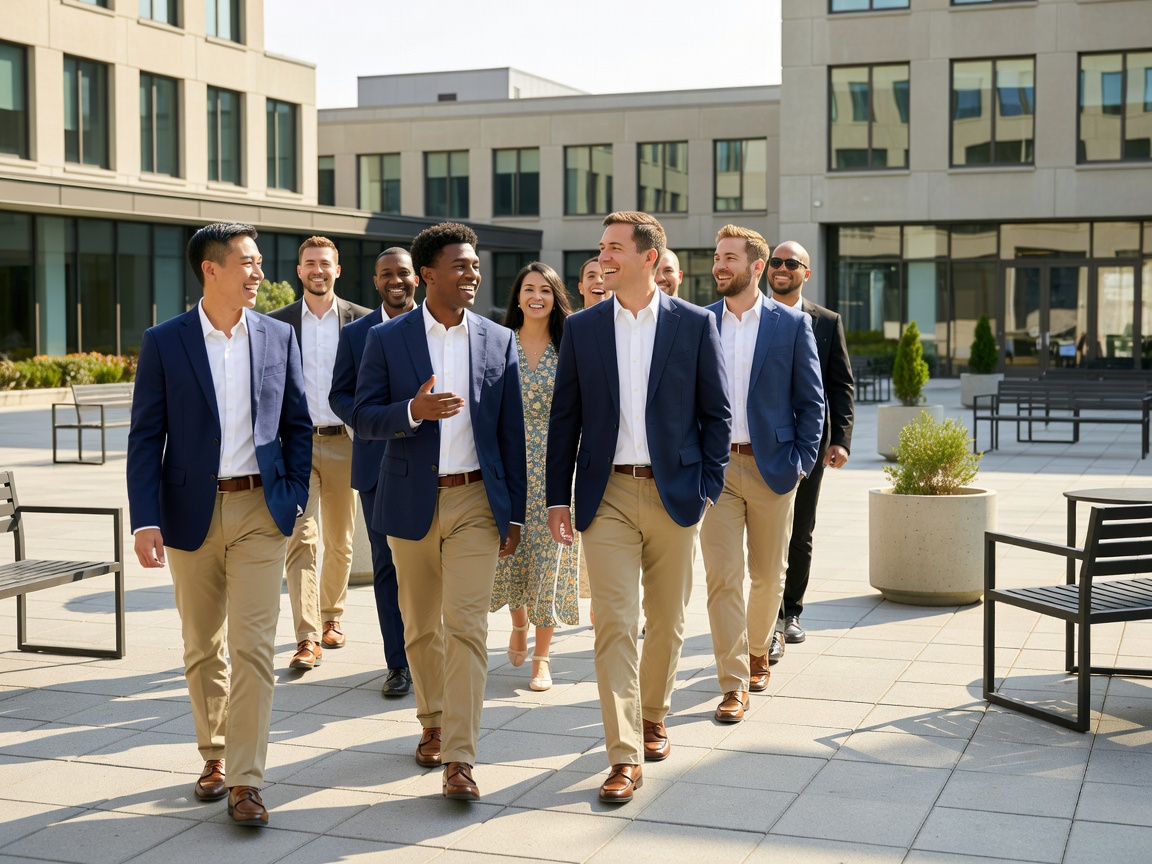 Colleagues walking together in an outdoor courtyard during an active afternoon break