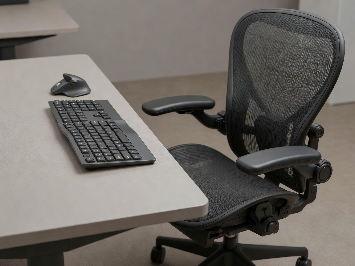 Detailed close-up of an ergonomic keyboard, vertical mouse, and adjustable task chair positioned correctly