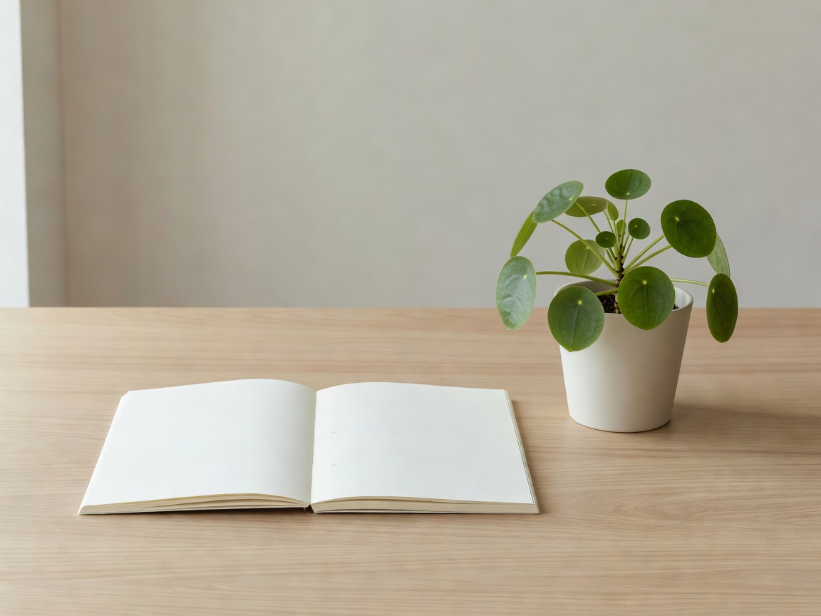 Minimalist work desk showing a balanced calendar planner alongside a calming houseplant