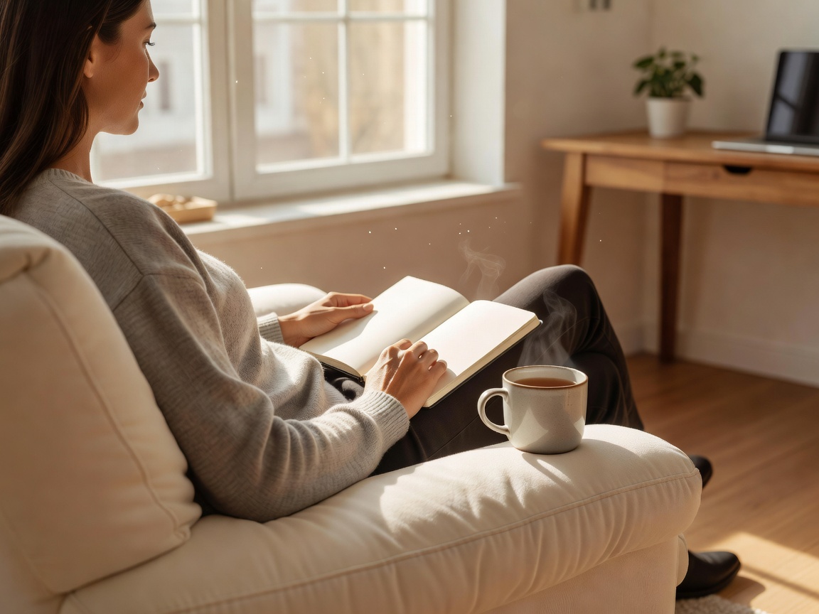 Remote knowledge worker working comfortably by a sunny window with a balanced cup of tea and clean notebook