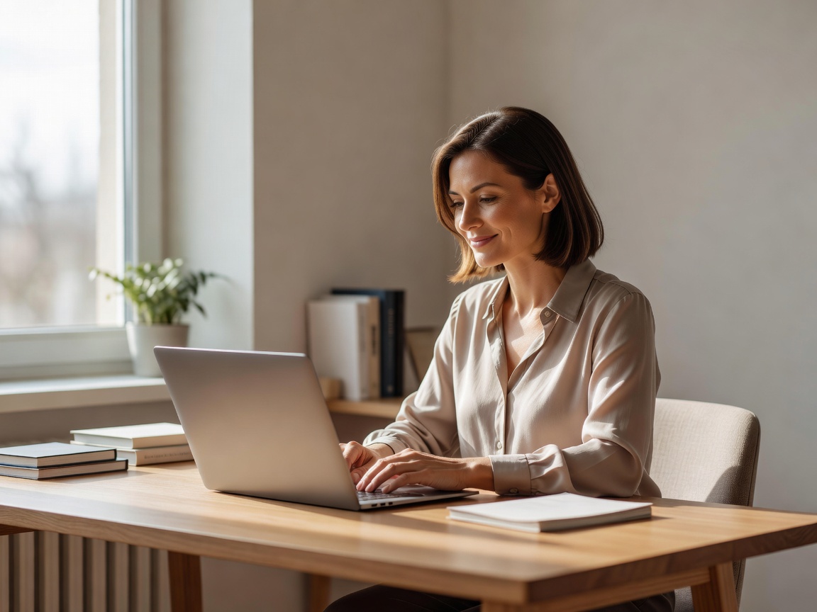 Remote professional working peacefully from a well-lit home office with natural light