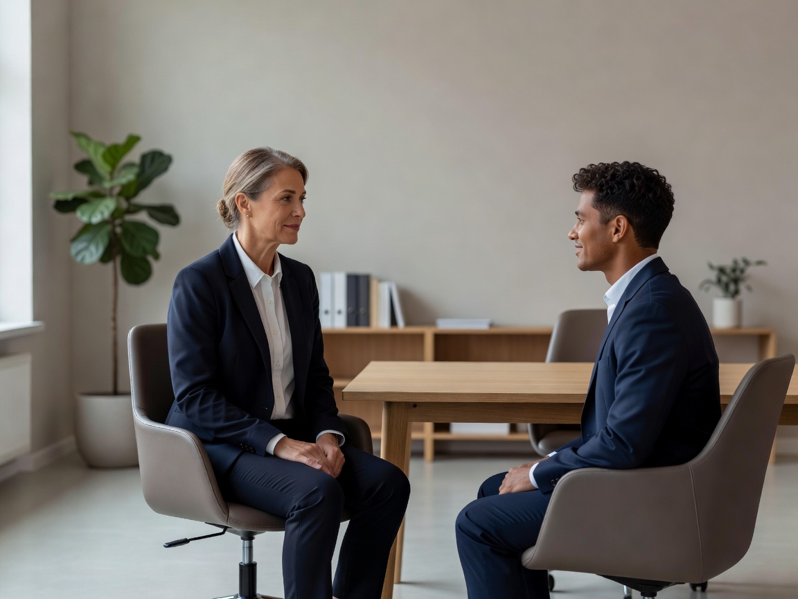 Team manager having a private and supportive one-on-one conversation with a direct report in a calm office space