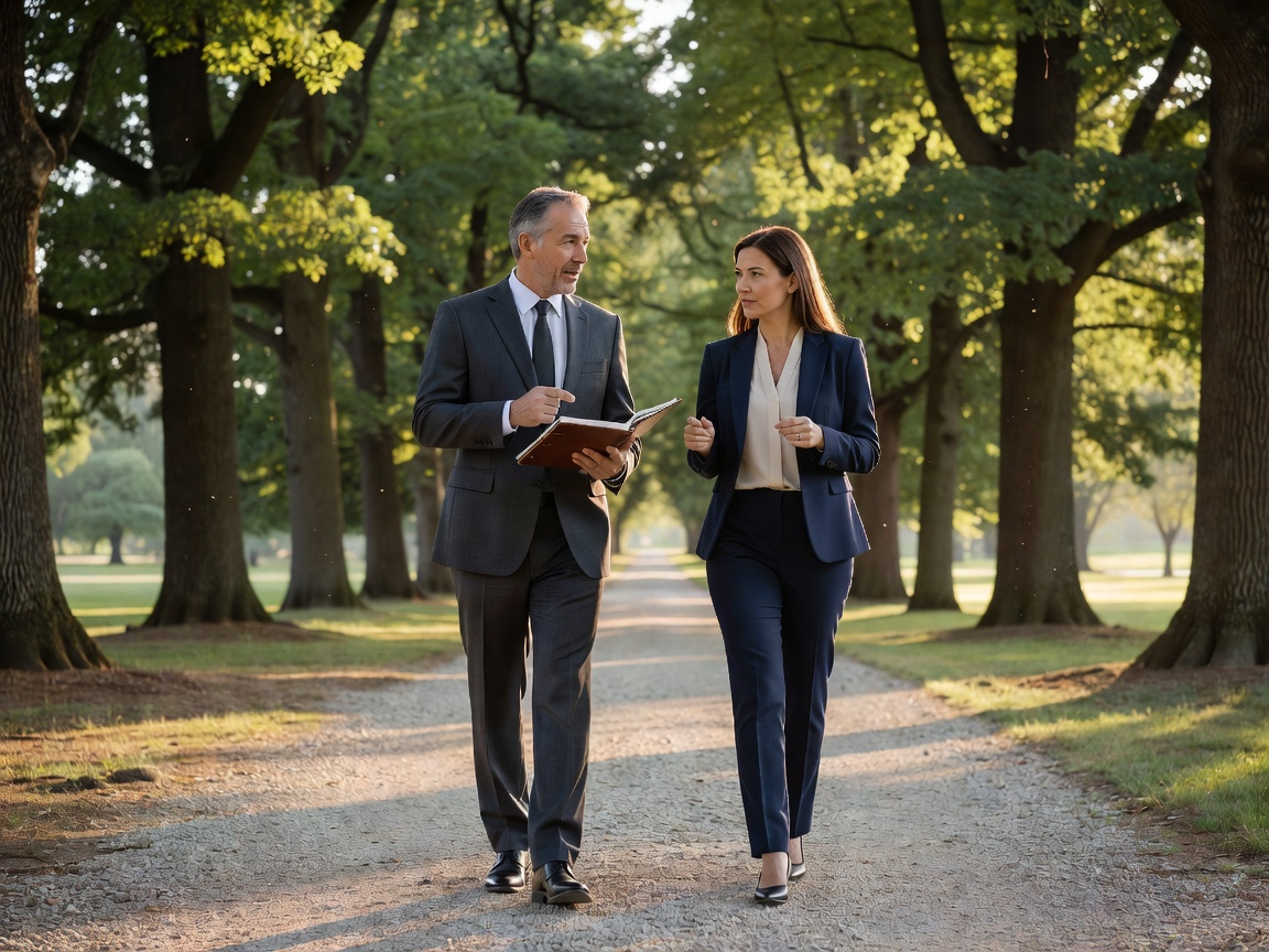 Two business associates walking along a tree-lined path discussing an agenda with notebook in hand