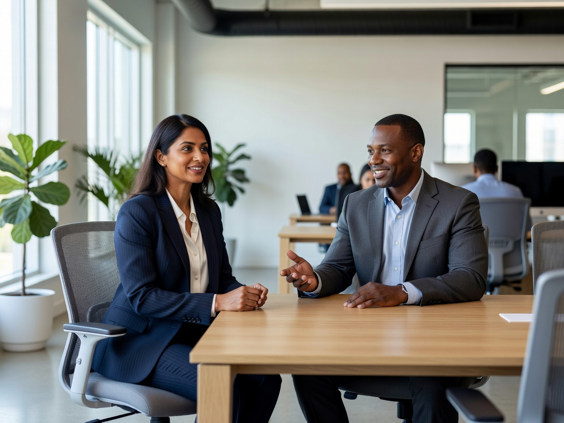 Two professionals engaged in supportive dialogue within a bright modern office